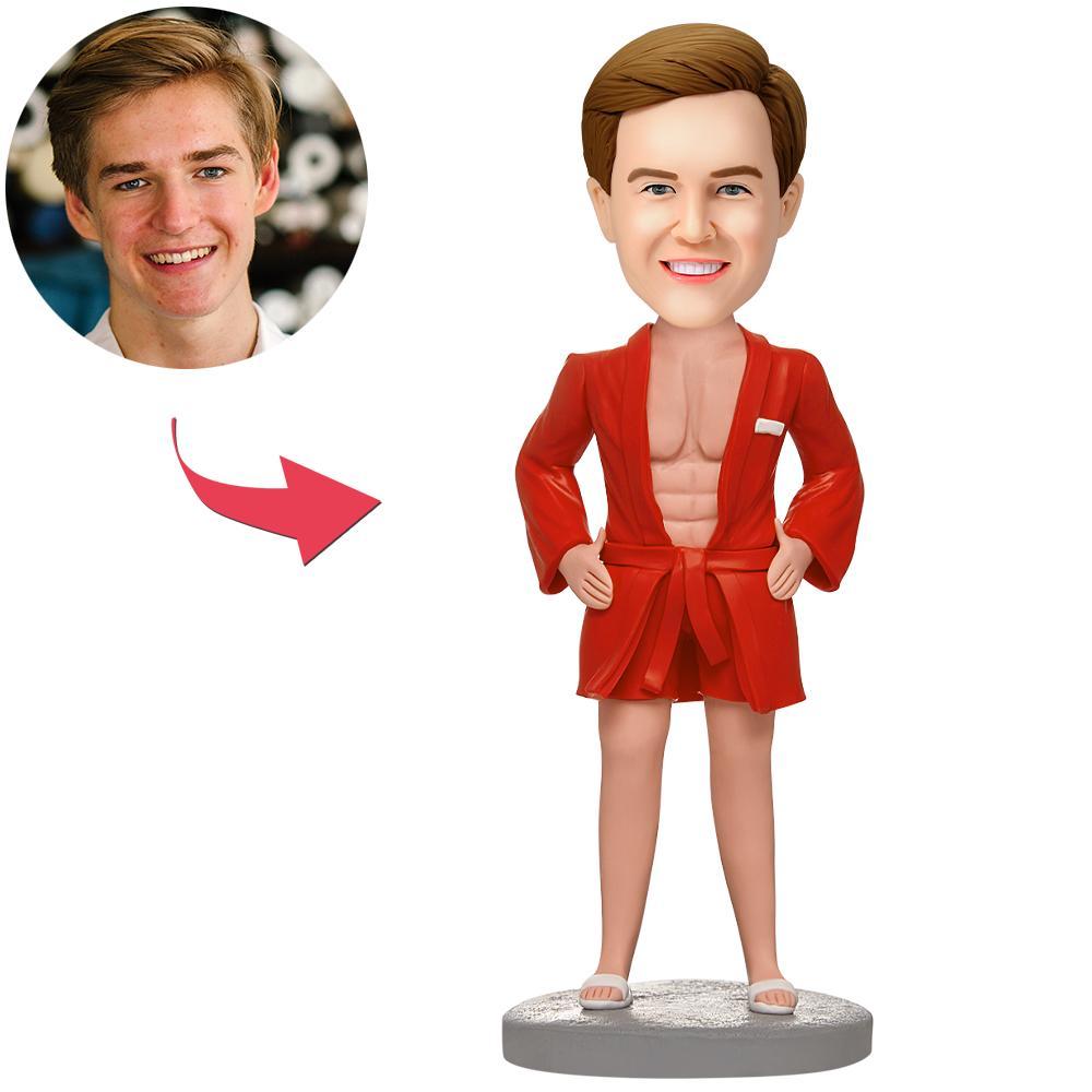 Custom Casual Man In Red Pajama Suit Bobbleheads With Engraved Text